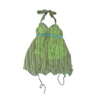 Jordache Green Stripe Babydoll Style Halter Top Handkerchief Hem Fairy Small